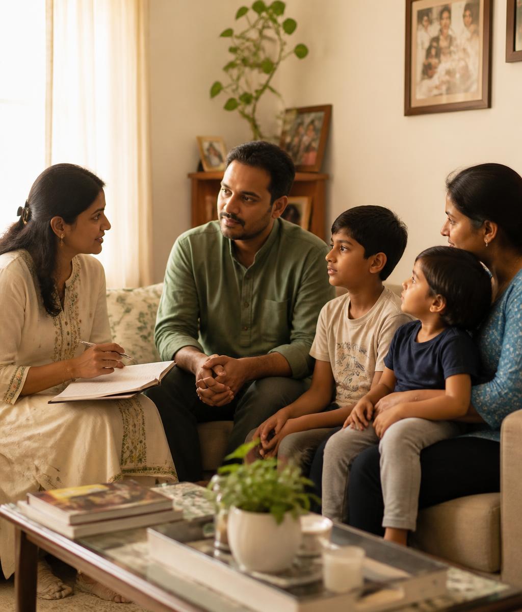 A therapist sitting with a client on a sofa in their sunlit living room during a home-based support session