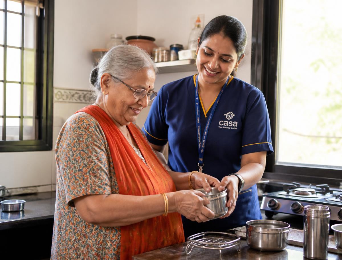 A support practitioner assisting an older adult with an everyday task in a bright home kitchen