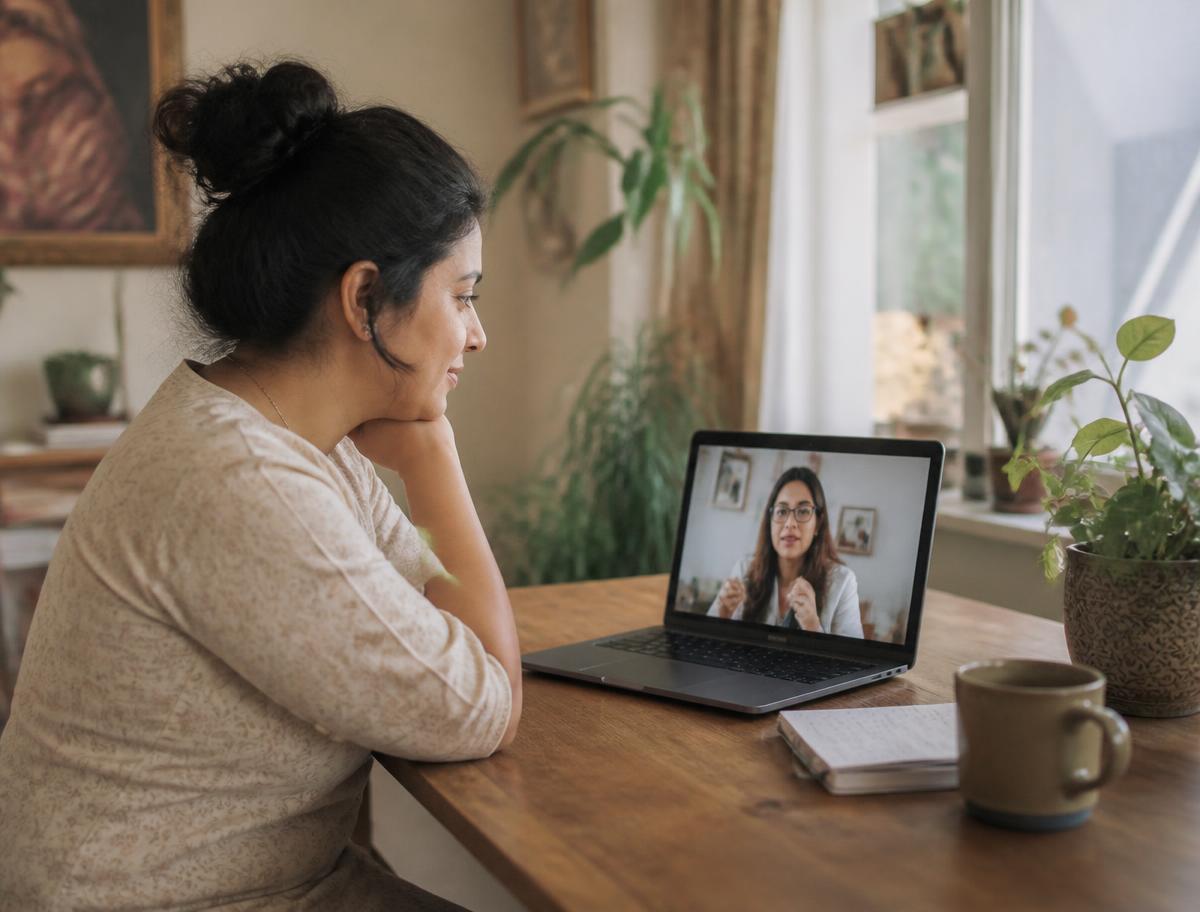 A person taking part in a telehealth appointment on a laptop at a timber desk at home